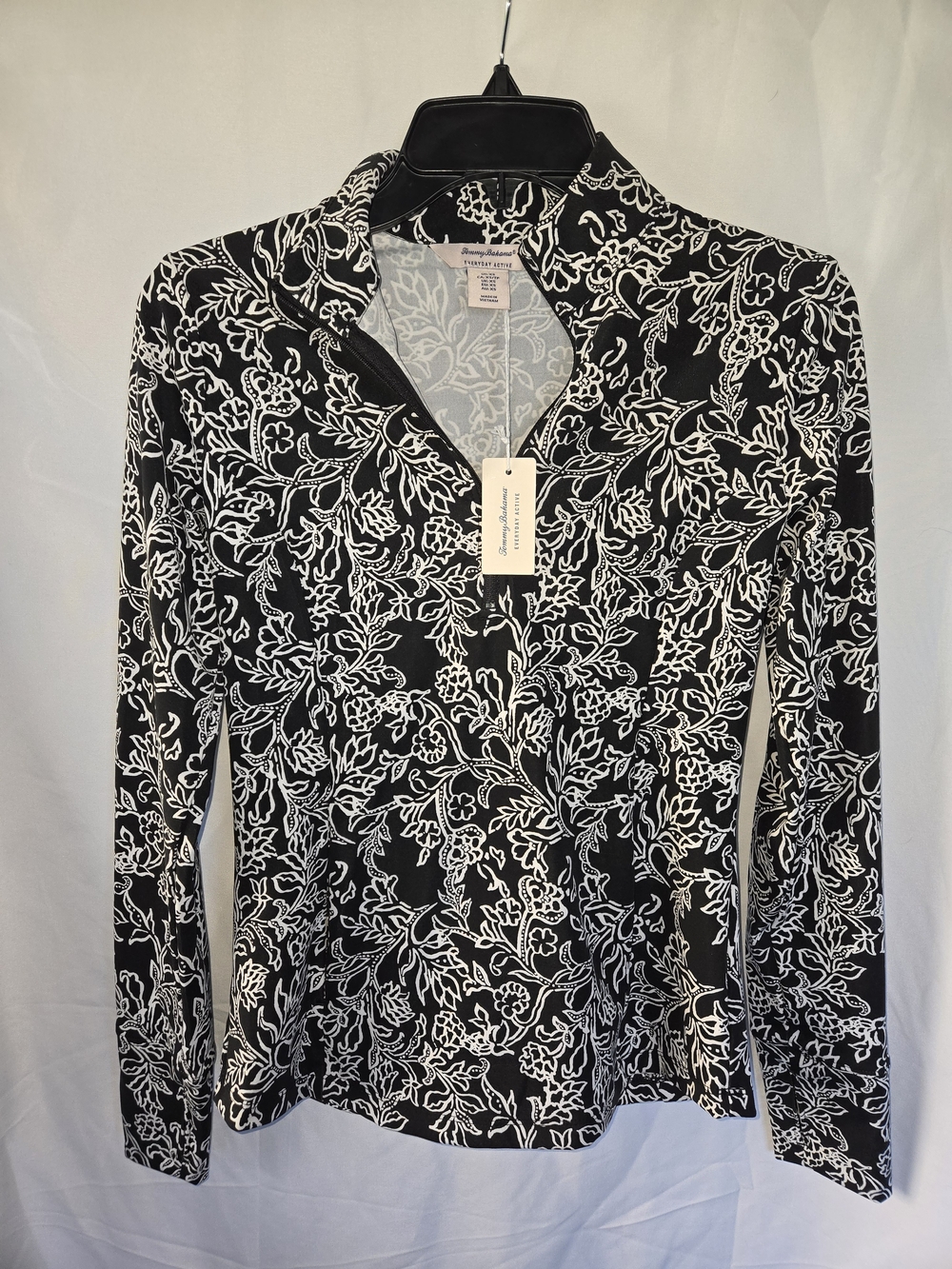 Tommy Bahama Black & White Floral Zip-Front Active Top